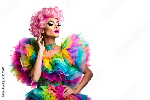 Drag Queen in a colorful dress on white background. Concept of trans or pan people and the LGBT++ movement. 