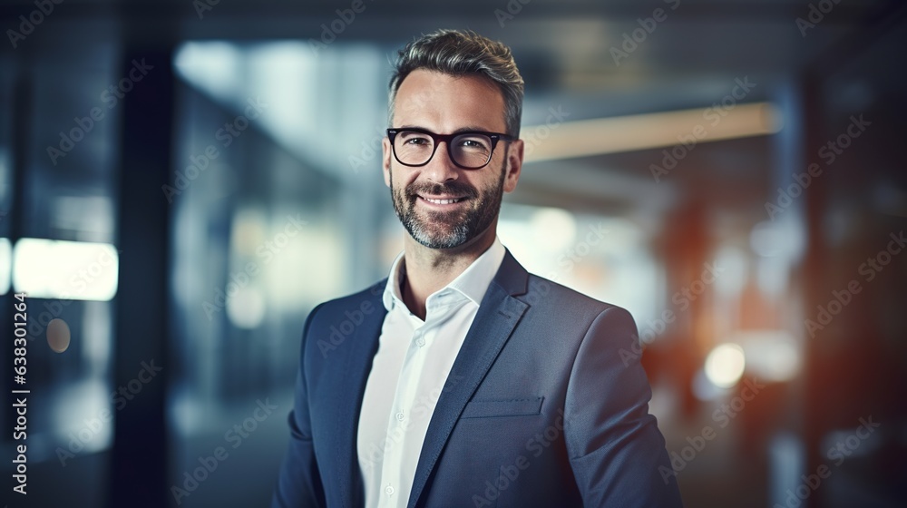 Fototapeta premium Smiling handsome young businessman in office looking at camera, headshot close up corporate portrait