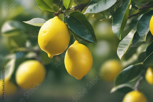 Fresh ripe lemon on tree branch with leaves.