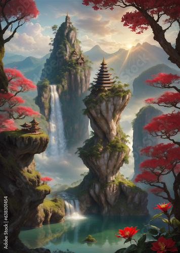 Mountain and lake Landscape. Cartoon rocky mountains, forest and river scene. Wildlife mystical, Hiking adventure © Frozen Design