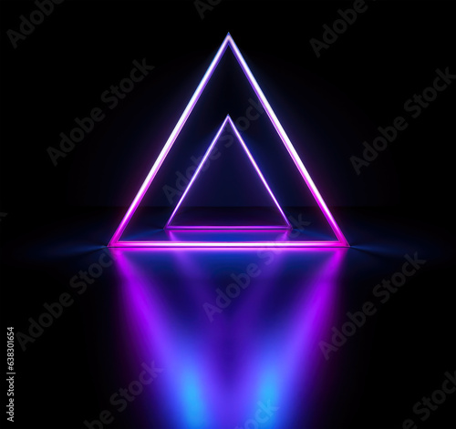 Abstract neon glowing triangle on black background. Generative AI