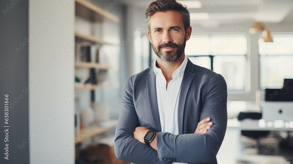 businessman standing arms crossed in the office with a coworker, he exudes confidence, success, and leadership. Management, picture, and vision of a male worker businessman standing arms crossed in the office with a coworker, he exudes confidence, success, and leadership. Management, picture, and vision of a male worker