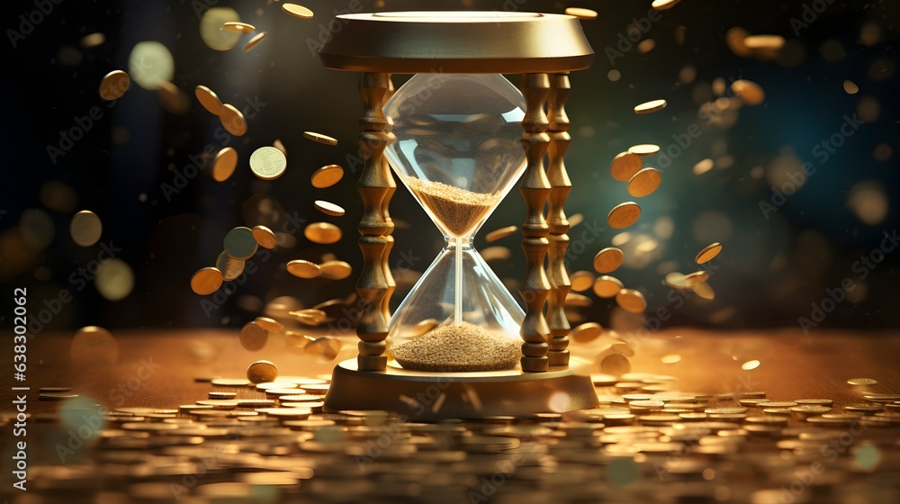 Macro close up shot of a hourglass with floating golden coins around it, ai generative - obrazy, fototapety, plakaty 