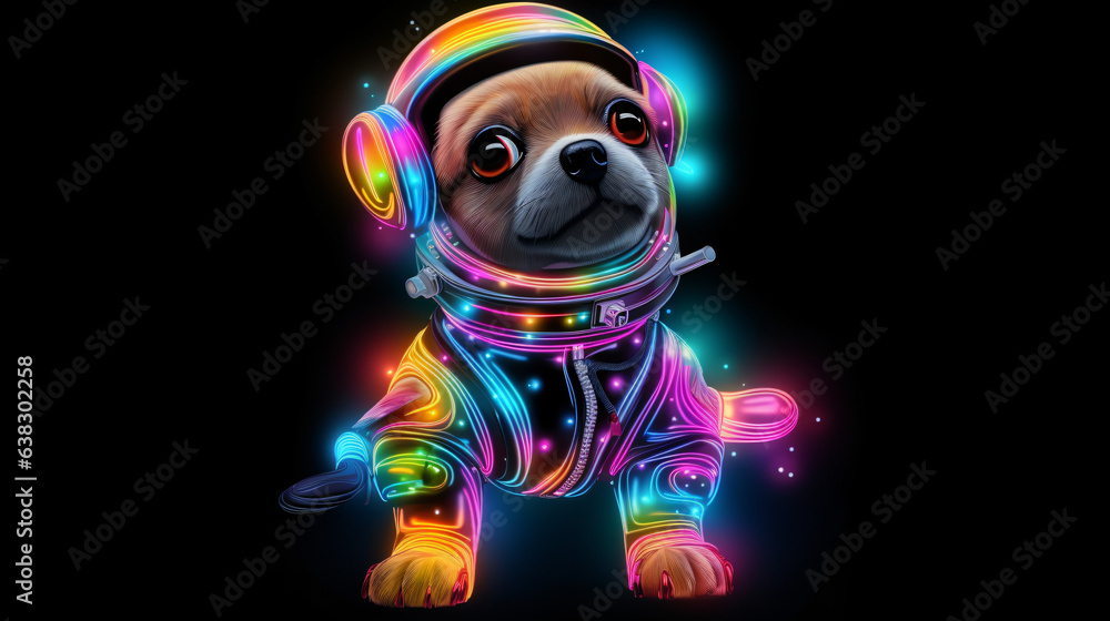 Cute astro dog in neon rainbow color lights