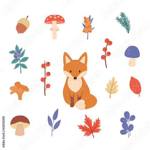 Cute fox cub with twig leaves. Collection kids vector illustration for design. Autumn clip art.