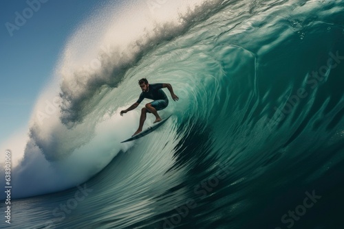 Surfer on Blue Ocean Wave, 3D Illustration, Generative AI © Ziyasier