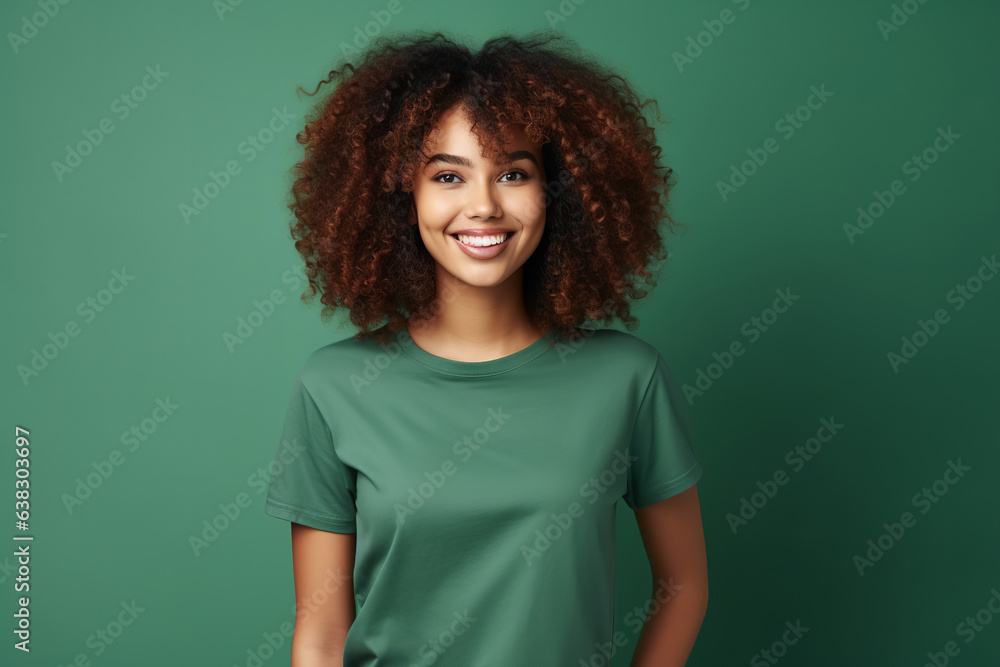 Happy positive smiling attractive redheaded teenage girl with curly hair looking at camera wearing casual trendy t-shirt standing isolated on green background over studio copy space background. Happy positive smiling attractive redheaded teenage girl with curly hair looking at camera wearing casual trendy t-shirt standing isolated on green background over studio copy space background.
