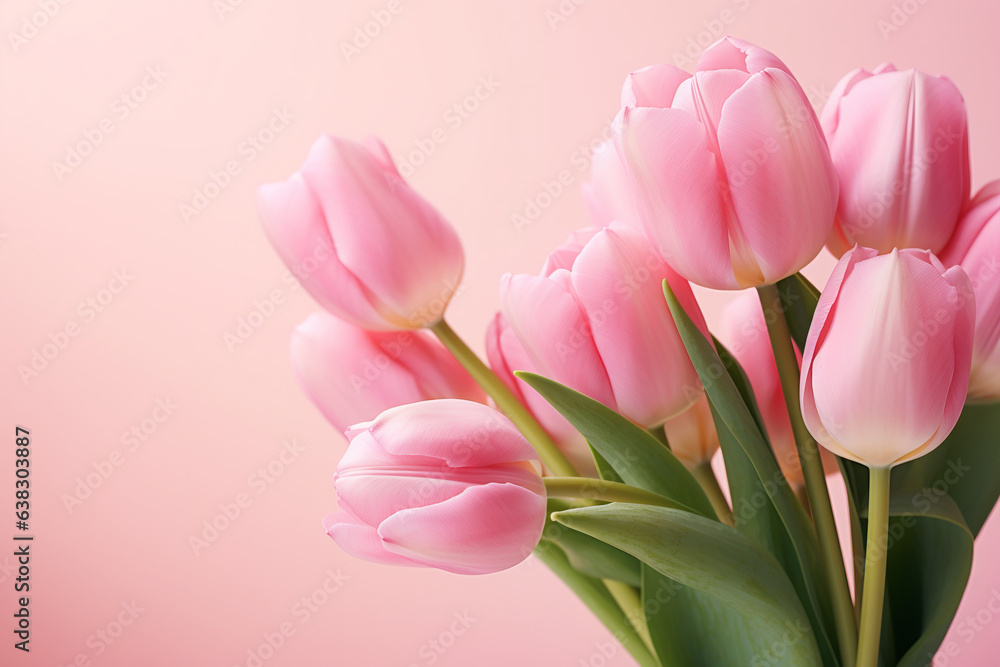 Obraz premium pink tulips on a light pink background, photo shoot, in the style of bokeh, soft and dreamy depictions, 