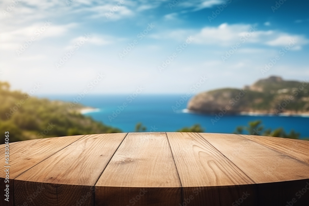 Fototapeta premium Wooden table on the background of the sea, island and the blue sky. 