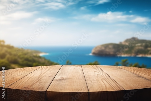 Wooden table on the background of the sea, island and the blue sky. 