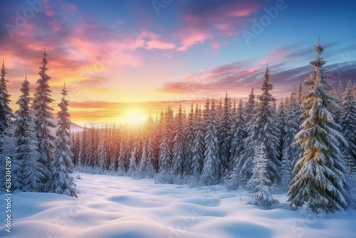 The fir tree forest is covered with snow in the winter season, shining on the light of the morning glow in beautiful sunrise sky and clouds. landscape concept suitable for nature and season.