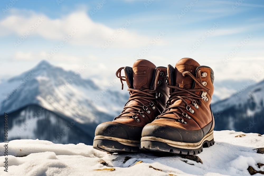 Hiking on snow - pair of hiking boots in winter landscape (Generative AI) Hiking on snow - pair of hiking boots in winter landscape (Generative AI)