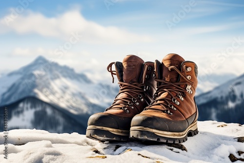 Hiking on snow - pair of hiking boots in winter landscape (Generative AI)