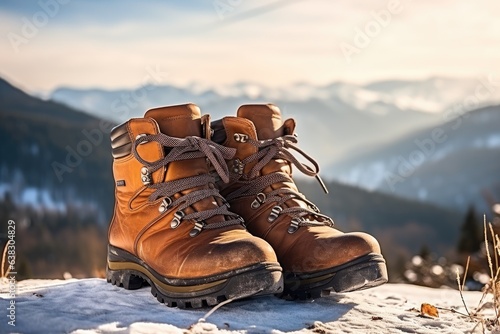 Hiking on snow - pair of hiking boots in winter landscape (Generative AI)