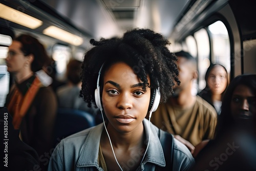 African young woman listening to music sitting on the public bus. AI generative
