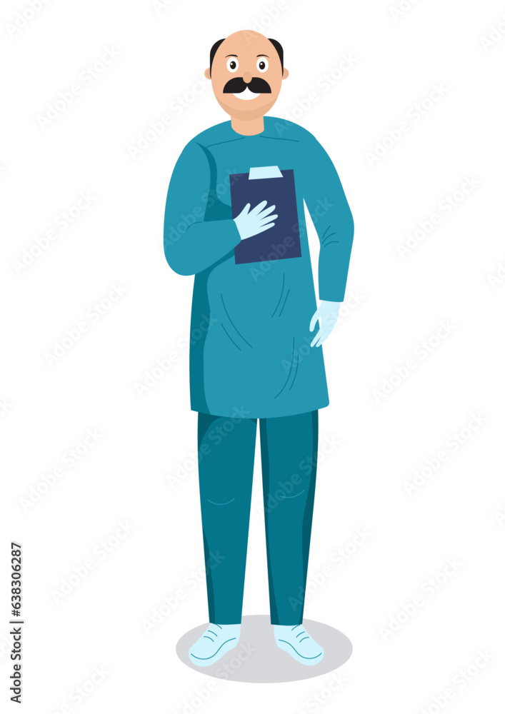 Vector illustration of male surgeon in blue uniform standing with clipboard in hand.
