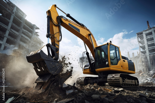 yellow excavator loader machine at demolition construction site