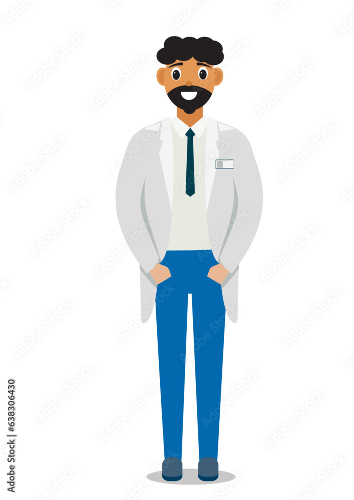 Vector illustration of a young bearded male doctor wearing white coat with putting both hands inside pants pocket.
Vector illustration of a young bearded male doctor wearing white coat with putting both hands inside pants pocket.