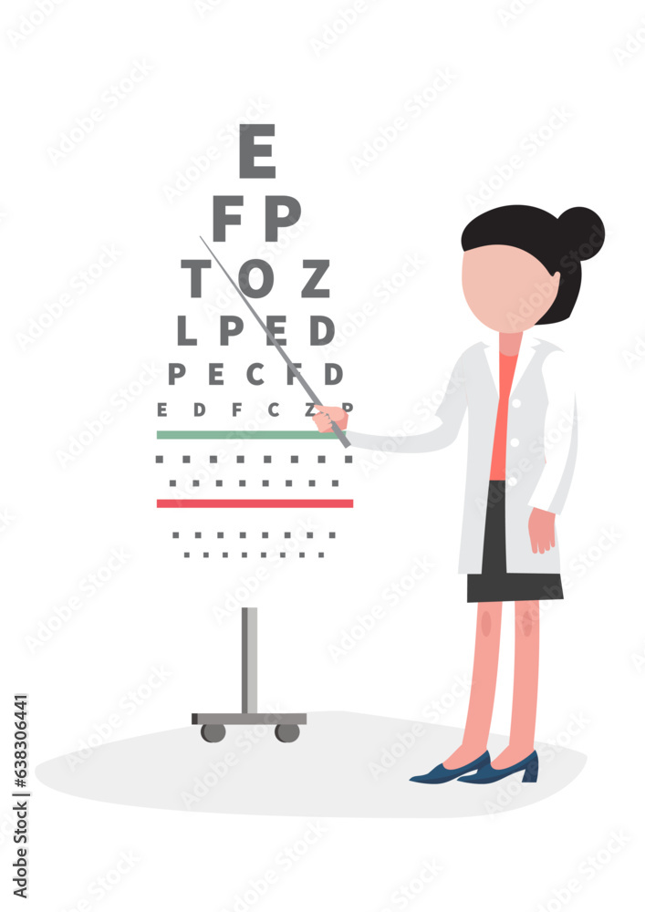 Vector illustration of ophthalmologist doctor standing beside snellen Chart.

