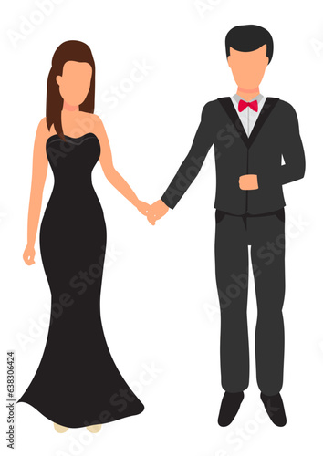 Flat vector illustration of man wearing suit and woman in black gown.
