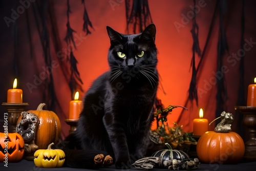 Spooky portrait of a cat in a Halloween setup in studio, dramatic lighting. Created with generative AI