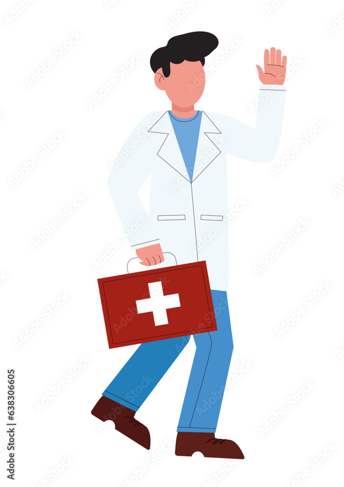 Flat vector illustration of young male doctor in white coat holding first aid box in hand and waving other hand.
Flat vector illustration of young male doctor in white coat holding first aid box in hand and waving other hand.