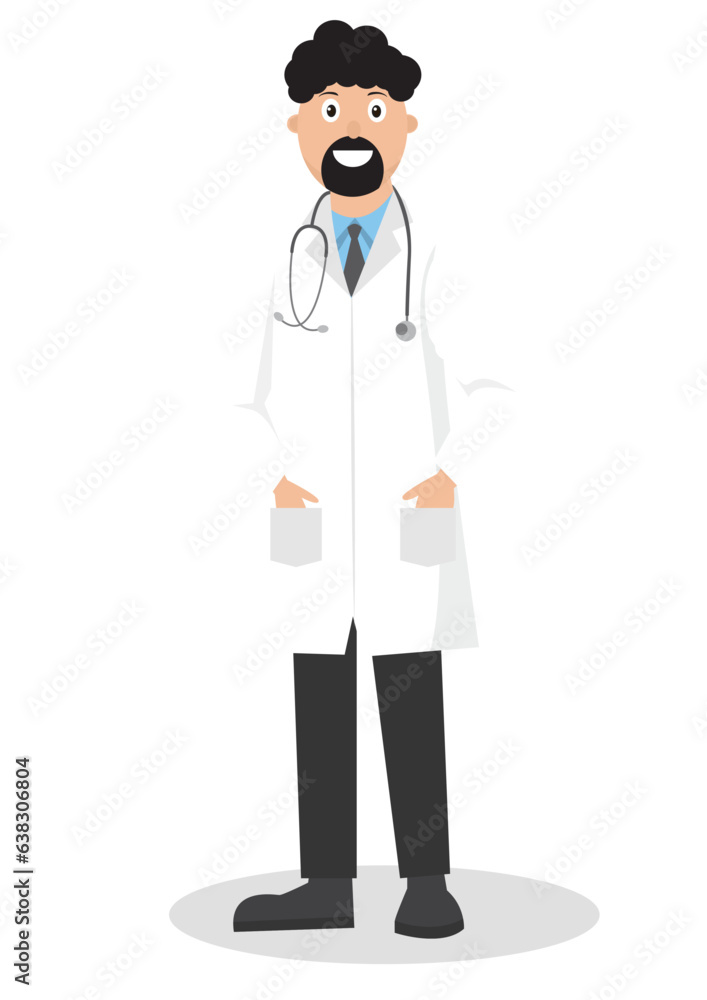 Vector illustration of smiling young bearded male doctor wearing white coat and stethoscope in neck.
Vector illustration of smiling young bearded male doctor wearing white coat and stethoscope in neck.