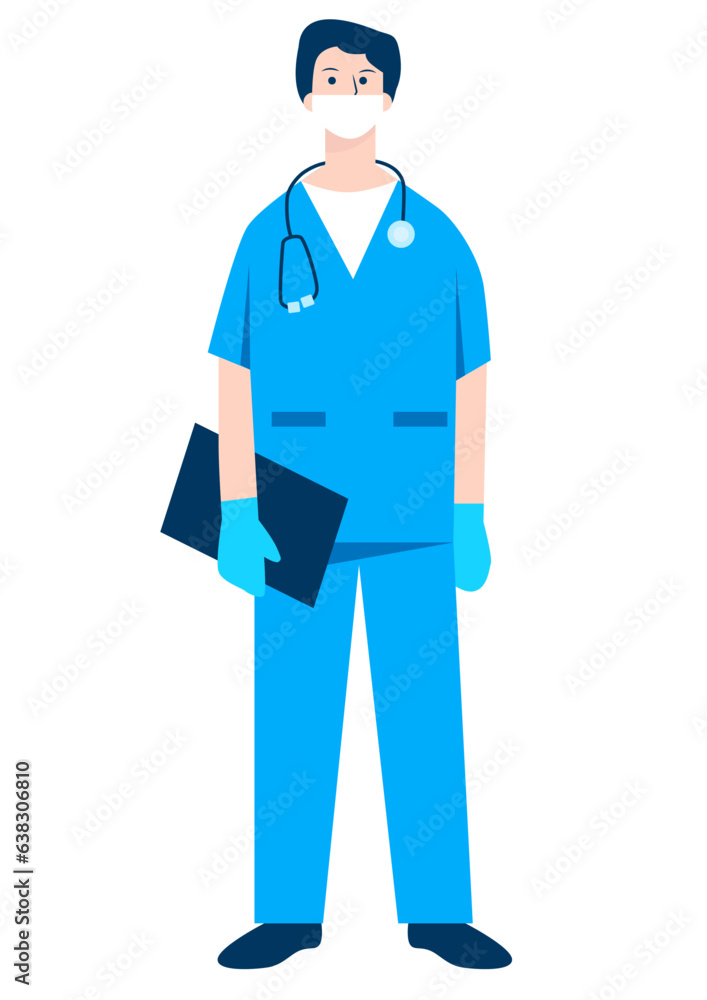 Flat illustration of young male Surgeon in blue uniform wearing gloves in hands and holding file in hand with stethoscope in neck.
Flat illustration of young male Surgeon in blue uniform wearing gloves in hands and holding file in hand with stethoscope in neck.