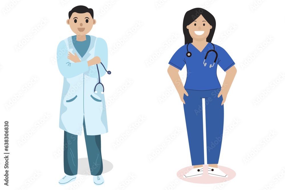 Vector illustration of smiling surgeon in blue uniform with stethoscope.

