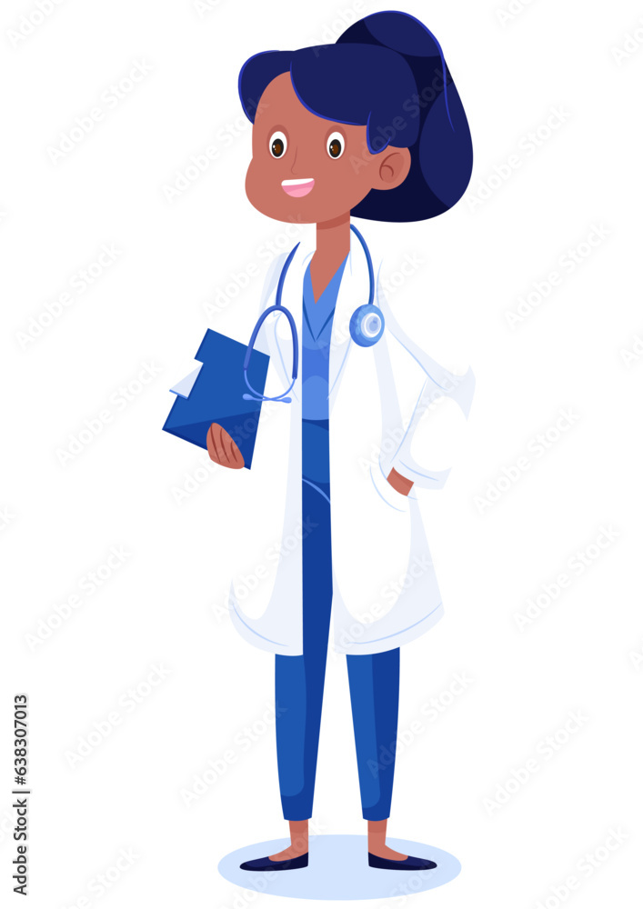 Vector illustration of young female doctor in white coat holding clipboard in hand and stethoscope in neck.
Vector illustration of young female doctor in white coat holding clipboard in hand and stethoscope in neck.