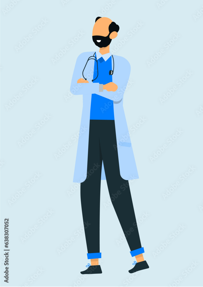 Flat illustration of  bearded male doctor with stethoscope in neck standing in front of blue background.
