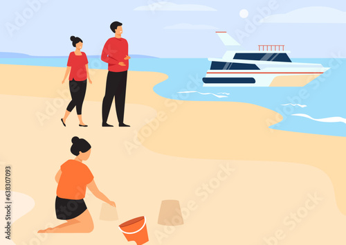 Flat vector illustration of couple walking at beach and the cruise in the sea with girl playing in sand.
