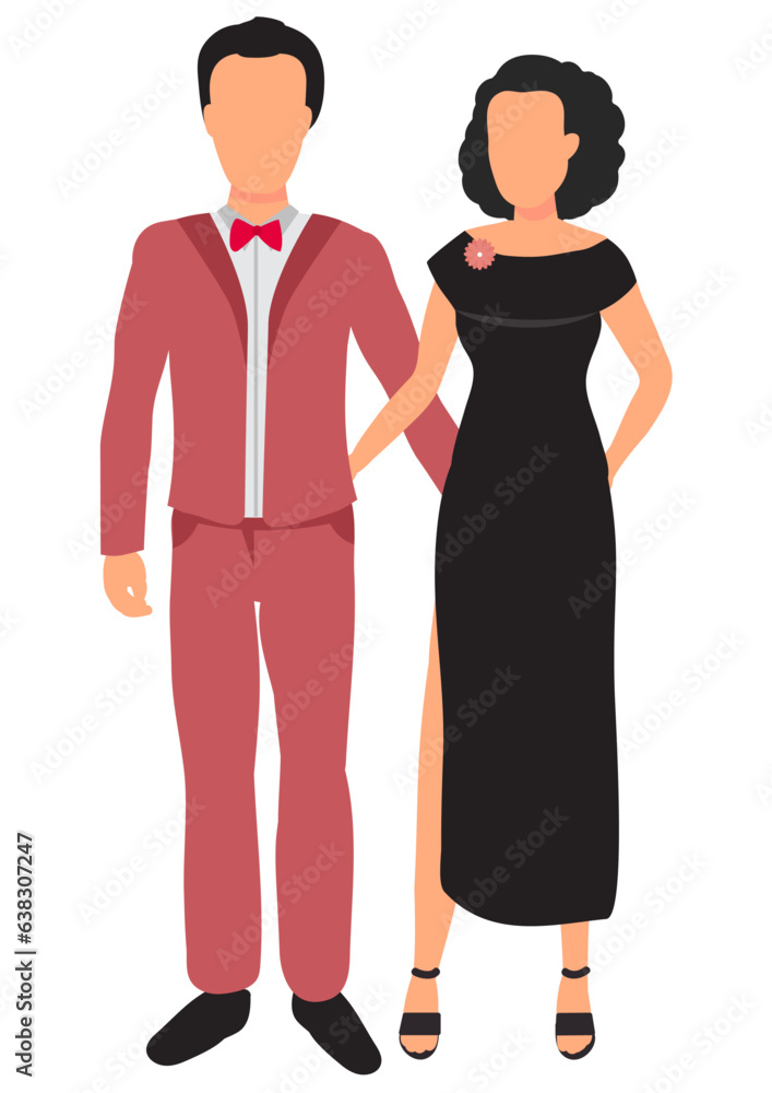 Flat vector illustration of modern couple, man wearing pink suit and woman in black dress.
Flat vector illustration of modern couple, man wearing pink suit and woman in black dress.