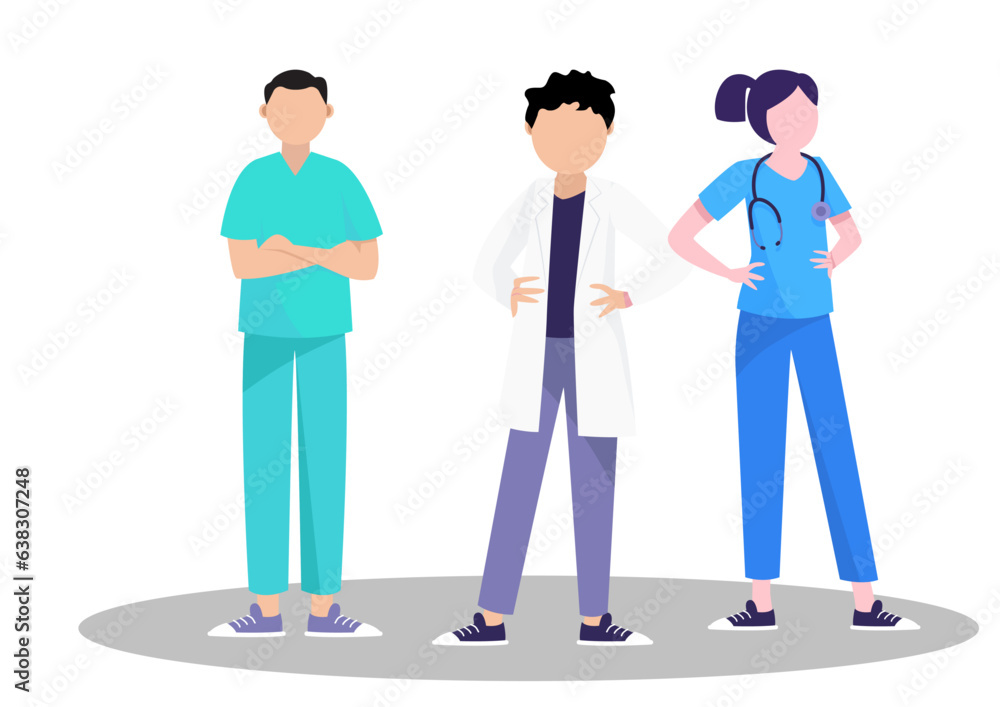 Flat vector illustration of medical staff team of doctors and ward boy. Medical concept.
