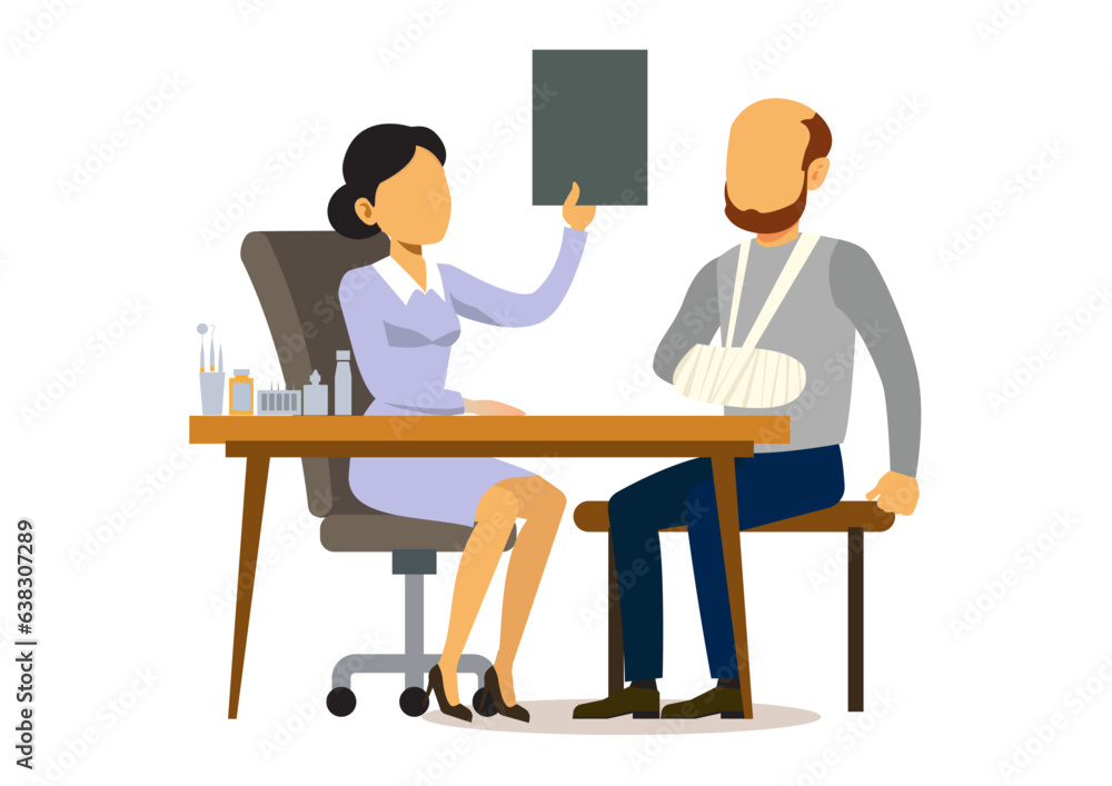 Flat illustration of patient with a broken arm and a plaster cast came to the orthopedic doctor for examination.
Flat illustration of patient with a broken arm and a plaster cast came to the orthopedic doctor for examination.