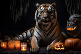 Spooky portrait of a tiger in a Halloween setup in studio, dramatic lighting. Created with generative AI