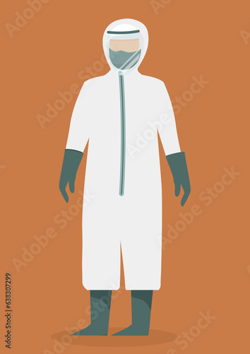 Flat illustration of doctor virologist epidemiologist in protective suit standing infront of mustard color background.
