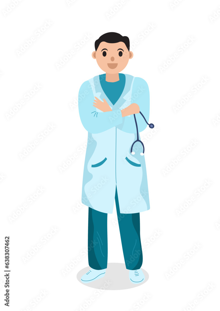 Vector illustration of smiling male surgeon in blue uniform and holding stethoscope in hand.
Vector illustration of smiling male surgeon in blue uniform and holding stethoscope in hand.