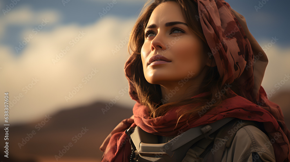 Beautiful Woman Soldier Standing Strong Amidst the Sands. Generative AI