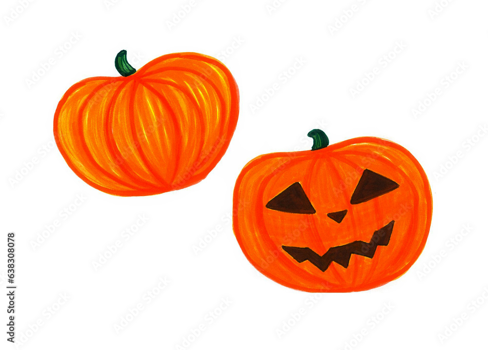 Two pumpkins isolated on a white background. One has a Halloween face cut out. Triangular eyes and nose. Mouth zigzag. Both vegetables are orange in color, have stripes and a green bud. Two pumpkins isolated on a white background. One has a Halloween face cut out. Triangular eyes and nose. Mouth zigzag. Both vegetables are orange in color, have stripes and a green bud.