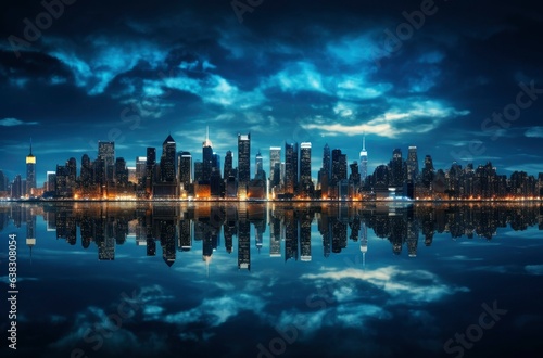 Panoramic skyline and modern commercial buildings, cityscape at night reflection on the water. Generative AI