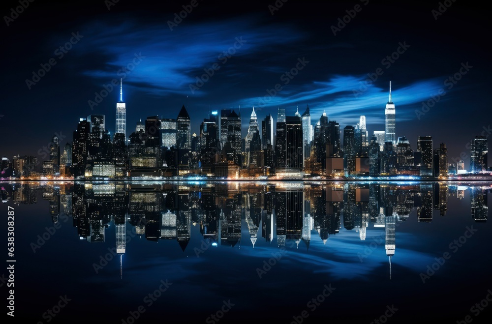 Fototapeta premium Panoramic skyline and modern commercial buildings, cityscape at night reflection on the water. Generative AI