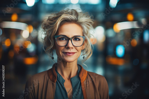 Stylish confident smiling entrepreneur senior woman in office, business portrait middle aged caucasian lady in glasses standing indoors and looking at camera