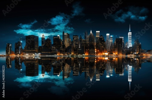 Panoramic skyline and modern commercial buildings, cityscape at night reflection on the water. Generative AI © Ziyasier