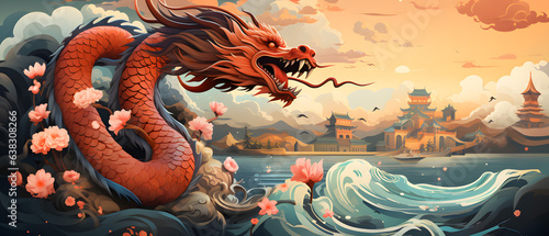 Vibrant Year of the Dragon, Colorful Illustration for Chinese New Year 2024. Generative AI