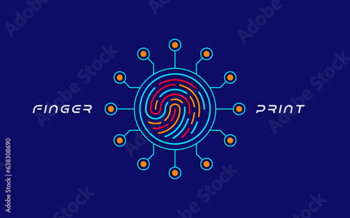fingerprint icon - colored outline fingerprint symbol and chipset circuit. digital device safety, protection, privacy and protection symbol. technology concept design