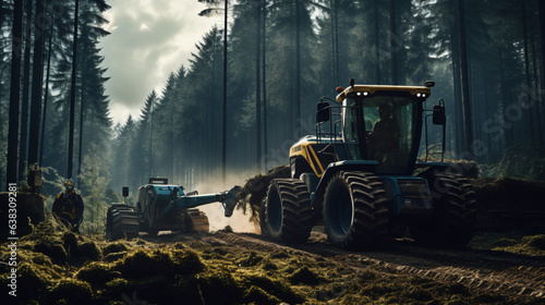 Lumberjack with modern harvester working in a forest