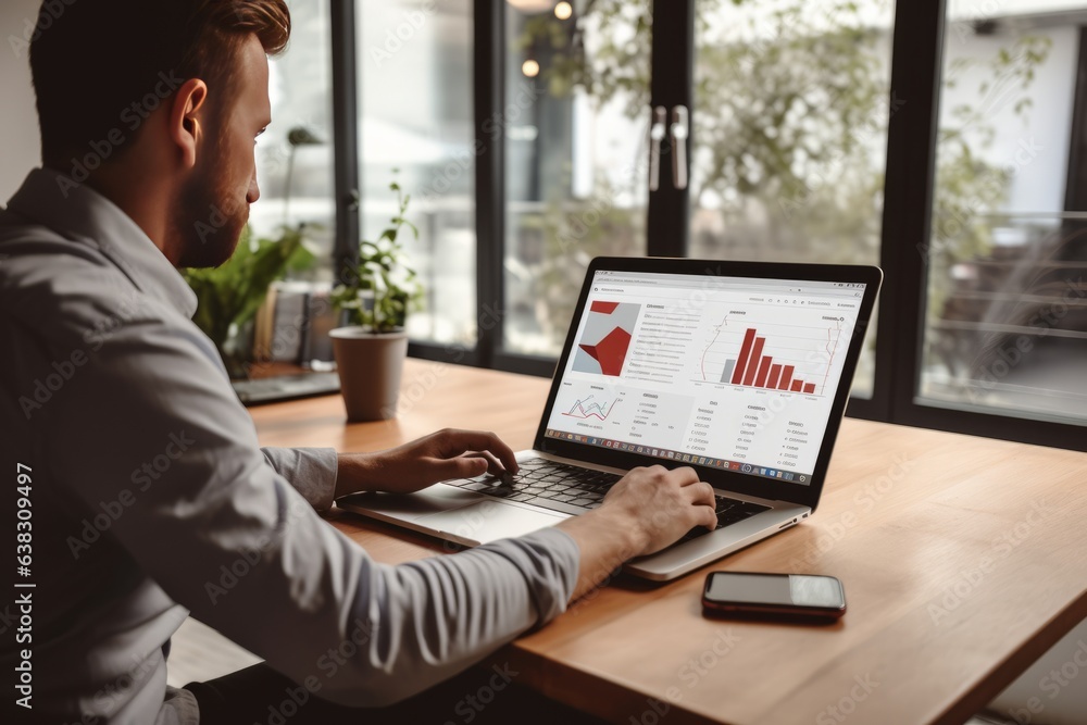 Marketing concept with man using laptop on the table. white interior Marketing concept with man using laptop on the table. white interior