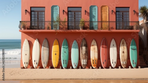 In the background are doors and windows with colorful facades with surfboards hanging on them.