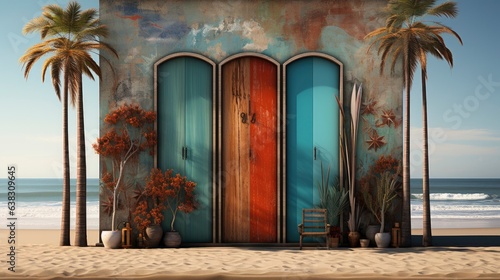 In the background are doors and windows with colorful facades with surfboards hanging on them.